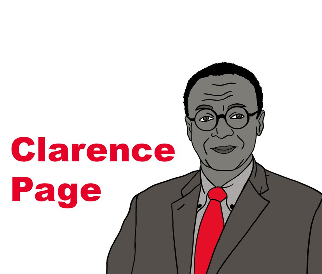 Auf dem Bild wird links Clarence Page in den Farben schwarz, grau und rot illustriert. Rechts daneben steht in großen roten Buchstaben der Name "Clarence Page".
Der Hintergrund ist weiß.